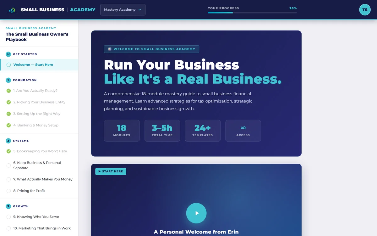 The Small Business Academy: module list, lesson video and progress tracking